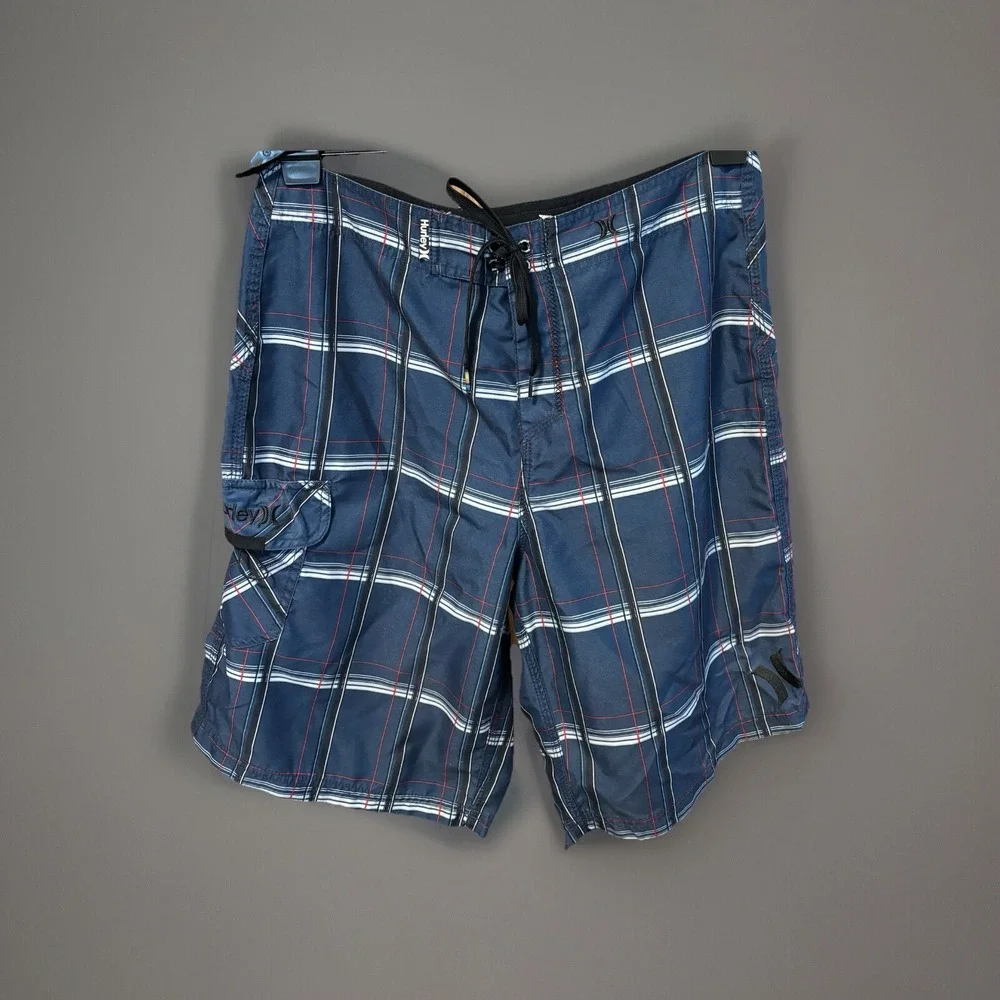Hurley Board Shorts Men's Size 33 Blue Plaid Retro Surf‎ Vaca